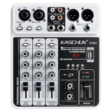 Professional DJ audio mixer, 4-channel DJ mixer, Bluetooth sound mixer, supports USB/MP3/BT computer input, 48V phantom power stereo studio audio mixer suitable for DJ studio streaming recording