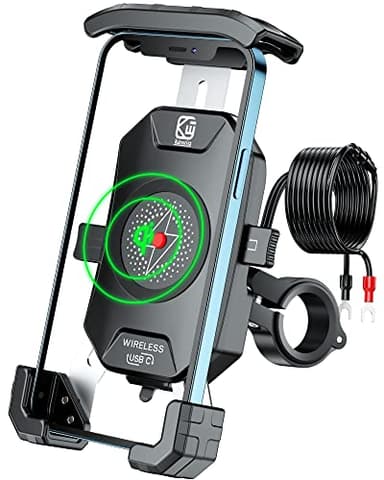 BRCOVAN Motorcycle Phone Mount Holder with Qi 15W Wireless Charger & PD/USB-C 20W Fast Charging Port, [1s Lock] Cellphone Cradle with Aluminum Alloy Handlebar Mounting Base for 4-7'' Smartphone