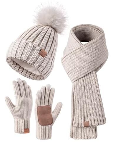 Winter Beanie Hat Scarf Gloves Set for Women, Winter Hats for Women Fleece Lined with Pom Pom Neck Warmer Touchscreen Gloves 3 in 1 Cold Weather Set, Stocking Stuffers Gifts for Mom Her(Oatmeal)
