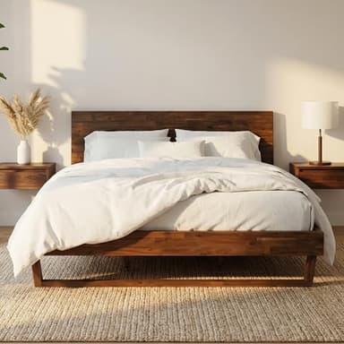 FLEXISPOT Hako Queen Solid Acacia Wood Platform Bed Frame with Storage Headboard, 1100 lbs Heavy Duty, Tool-Free Quick Assembly, SGS Certified, Sherwin-Williams Finish, Walnut Brown, 10-Year Warranty