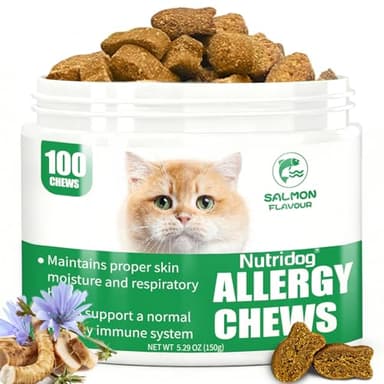 Cat Allergy Relief Chews, Skin & Immune Support for Cats - Salmon Flavor Soft Chews with Colostrum, Probiotics 300M CFU, Omega 3 - Itchy Skin & Paw Licking Remedy, 100 Count