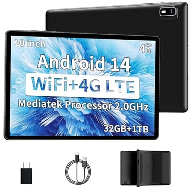2025 10 inch Tablet Phone,4G LTE Cellular Tablets,Android 14 Tablet with Sim Card Slot Unlocked,2.0GHz CPU,10GB+32GB,1TB Expandable,5MP+8MP Cameras,GPS (Case Included)