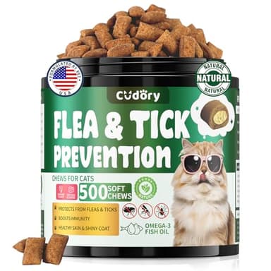 Flea and Tick Prevention for Cats – 500 Crunchy & Creamy Chews, Cat Flea Chewables with Skin & Coat Support – Oral Supplement for All Breeds & Ages – Natural Chicken Flavor
