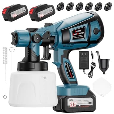 Paint Sprayer, 650W Cordless with 2 X 4000mAh 21V Battery, All Copper Motor 6 Nozzles & 3 Spray Modes, 1400ml Container, Paint Sprayer Gun for House Painting, Ideal for Fence Cabinets Wall