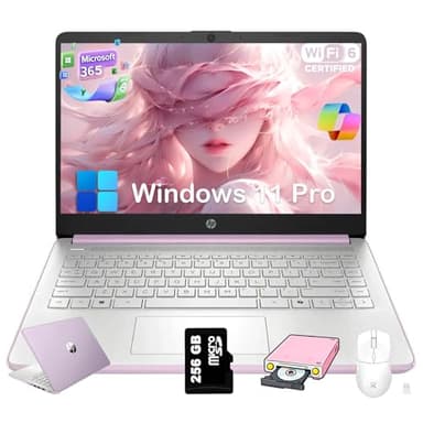 HP 2025 14 inch Everyday Laptop Computer for Student & Business - AI-Powered 1-Y Office 365 • Intel Quad-Core CPU • Ultra-Light • 16G RAM • 384G Storage (128G UFS+256G SD Card) • Win 11 Pro • Lavender