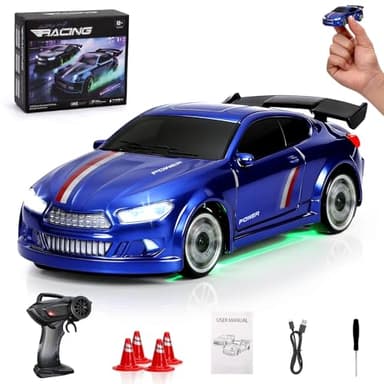 Arnbz Mini RC Drift Car 1/64, Micro Remote Control Car with Led Lighting & Adjustable Dual Speed Modes, 2.4GHz Stunt Pocket Desktop Drift Cars with 4 Obstacles & Joystick Control
