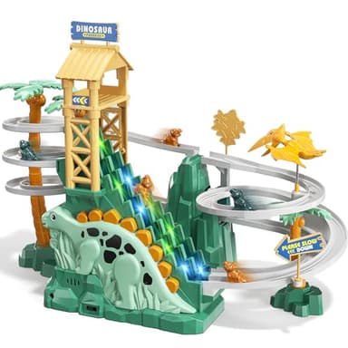 JUKUDAHU Dinosaur Climbing Slide Stair Toy for Toddlers Aged 3 4 5 6 7 8 - Racing Track Game Set, Sliding Car Toy, Dinosaur Themed with Light and Music, Birthday Dinosaur Gifts for Boys Girls Kids