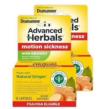 From the Makers of Dramamine, Advanced Herbals with Natural Ginger, for Nausea Relief, Morning Sickness Relief & Motion Sickness Relief During Travel, 18 Capsules, Pack of 2
