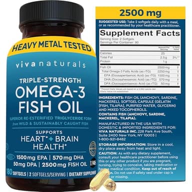 Triple Strength Fish Oil Omega 3 Supplements for Women and Men – 2500 mg High-Potency, Easy-to-Absorb Re-esterified Triglyceride Form, Pescatarian-Friendly DPA Omega 3 EPA DHA Supplement,180 Softgels