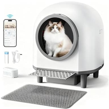 Self Cleaing Litter Box for Multiple Cats, 88L Large Smart Automatic Cat Litter Box with App Control, Health Monitoring, Integrated Safety Sensors, Odor Removal, Mat, Liners (White)