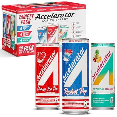 Accelerator Energy Drink Sugar Free, Variety Pack 12oz can(12 pack), Zero Sugar Energy Drinks with Sustained Energy from 100% Natural Caffeine (200mg) & Green Tea extract