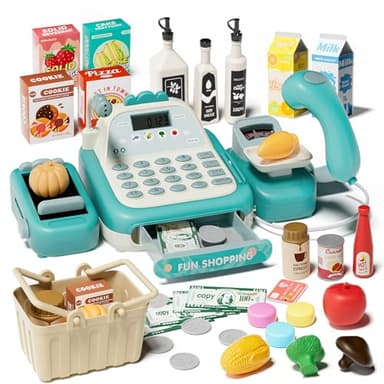 STACTCUTE 49Pcs Cash Register Toy Set for Kids, Pretend Play Grocery Store Cashier Playset with Conveyor Belt, Scanner, Weighing Scale, Calculator & Microphone, Toys Gift for Toddlers Ages 3-8 (Green)