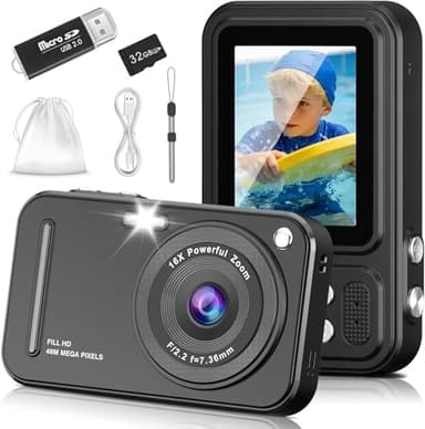 Digital Camera for Kids, 48MP FHD 1080P Point and Shoot Digital Cameras with 16X Zoom Anti-Shake, Compact Portable Cameras for Photography, for Boys Girls Teens Beginners-Black
