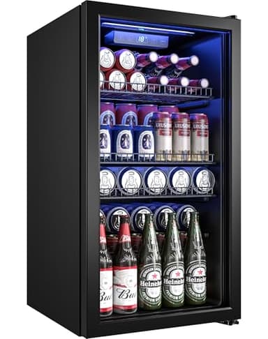 Manastin Beverage Refrigerator Cooler-130 Cans Freestanding Mini Fridge Cooler with Glass Door, Adjustable Shelves & Digital Temperature Display for Soda, Wine or Beer (Black, 3.2 Cu.Ft)