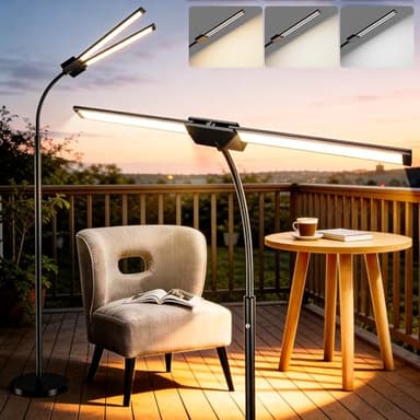 LGMCF Cordless Floor Lamp LED Rechargeable - 15W Dual Head Adjustable Gooseneck Reading Light, 8000mAh Battery, Touch Control IP54 Waterproof, for Living Room, Bedroom & Emergency Lighting