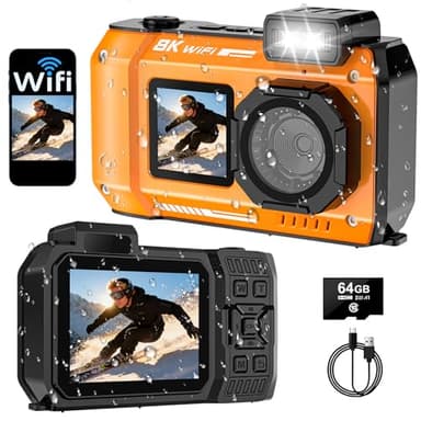SPUNALP UHD 8K Underwater Camera, 70MP 33FT WiFi Waterproof Digital Camera with 64GB Card, Auto Focus Waterproof Dual-Screen Selfie 2500mAh Battery, 18X Floatable Digital for Snorkeling, Orange