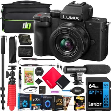 Panasonic LUMIX G100D 4K Mirrorless Digital Camera Body with 12-32mm F3.5-5.6 Lens DC-G100DKK Bundle Including Deco Gear Bag + Microphone + Monopod + 64GB Card + Software and Accessories