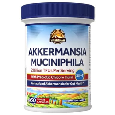 Vitalitown Akkermansia Probiotic GLP-1 with Chicory Inulin | 2 Billion TFU | Akkermansia Muciniphila Probiotics for Men & Women | Gut Health | Digestion | Non-GMO | 60 Veg Caps