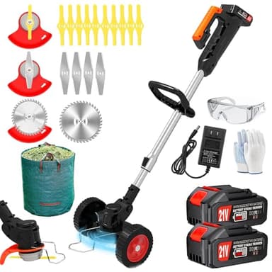 Electric Weed Wacker Eater Cordless Battery Powered, 21V Lightweight No-String Weed Trimmer with 2 Battery Operated & Wheels, 3 in 1 Stringless Grass Trimmer/Edger/Brush Cutter for Garden Yard Lawn
