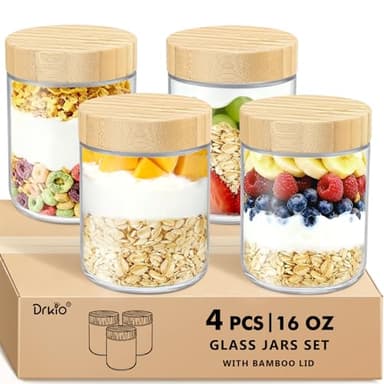 DRKIO 16 Oz Overnight Oats Containers with Bamboo Lids - 4 Pack Glass Storage Jars with Airtight Lids Wide Mouth Mason Food Jars Great for Meal Prep Salad Chia Pudding Snacks Yogurt Sugar Spice Cereal