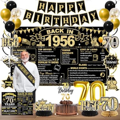 70th Birthday Decorations for Men, Black Gold Back in 1956 Party Supplies with Banner, Backdrop, Sash, Balloons, Cake Topper, Honeycomb Centerpieces, Happy 70th Birthday Party Decorations Kit