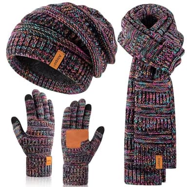 Winter Beanie Hat Scarf Gloves Set for Women, Slouchy Beanie with Fleece Lined Long Knit Scarf Touchscreen Gloves, Warm 3 in 1 Stocking Stuffers Set for Women Mom Her Cold Weather-01
