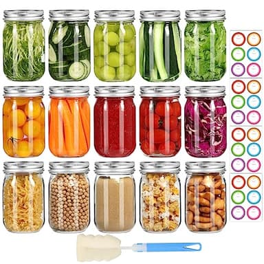 Mcupper Glass Mason Jars 16 oz with Airtight Lids and Bands - 15 Pack Regular Mouth Pint Canning Jars for Pickling, Meal Prep, Overnight Oats, Dry Food & DIY Crafts - Includes 24 Stickers & Brush