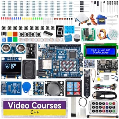 SunFounder Elite Explorer Kit with Original Arduino Uno R4 WiFi, RoHS Compliant, Bluetooth IoT ESP32 IIC LCD1602 OLED, Super Starter Kit, Online Tutorials & Video Courses for Beginners & Engineers