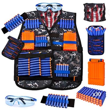 KKONES Kids Tactical Vest Kit for Nerf Guns Series with Refill Darts,Dart Pouch, Reload Clips, Tactical Mask, Wrist Band and Protective Glasses, Toys for 8 9 10 11 12 Year Boys