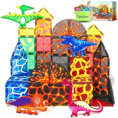Coodoo Dinosaur Toys Magnetic Tiles Lava Dinosaur World Set - Magnetic Blocks Building for Kids 3-5 5-7 Girls Boys Toy Age 4-6 6-8, Classroom Must Haves Toddler Sensory for 3+ Year Old Kids Toys