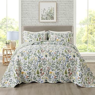 Travan 3-Piece Quilt Set Quilted Bedspread Lightweight Coverlet Set Garden Style Floral Printed Oversized Quilted Bedding Set with Shams for All Season, Exquisite, King Size