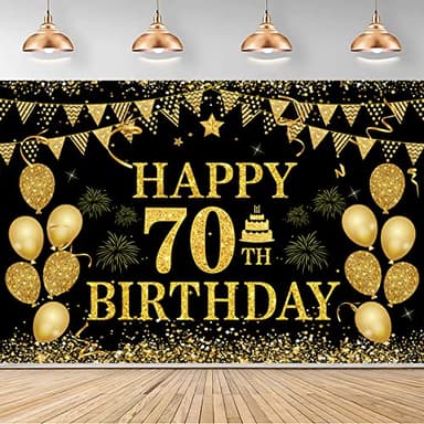 70th Birthday Decorations Happy 70th Birthday Banner for Men Women Black Gold 70 Years Birthday Party Decorations Background for Home Birthday Decor(71 x 45 inch)