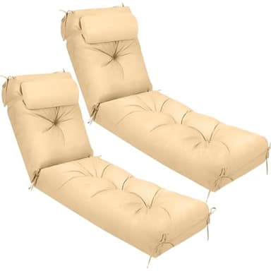 Wenqik Set of 2 Outdoor Chaise Lounge Cushions 76 x 22 x 6 Inch Waterproof Patio Furniture Chaise Cushion with Headrest Pillow Thick Tufted Lounge Pad for Lawn Pool Hotel(Beige)