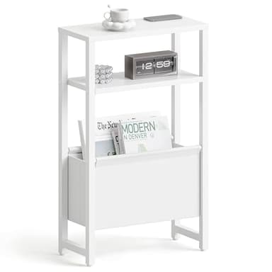 IRCPEN Narrow Side Table, Slim End Table with Magazine Rack, Bedside Table for Small Spaces, 3 Tier Sofa Couch Table Nightstand for Living Room, Bedroom, White LET503W