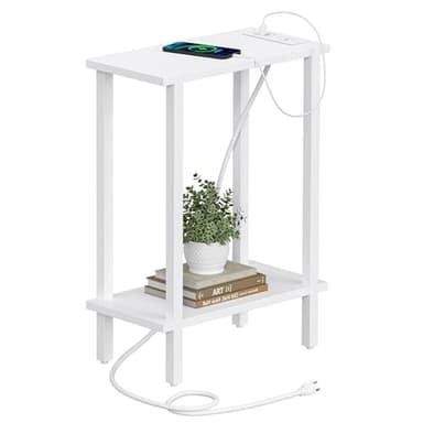 TUTOTAK Small End Table with Charging Station, Narrow Side Table with USB Ports and Outlets, Skinny Sofa Table, Slim Nightstand, Living Room, Bed Room, White TB01BW060