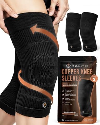 TheraCopper Copper Knee Brace for Men & Women (2 Pack) — Non-Slip Compression Copper Knee Sleeve for Arthritis, Knees Pain Relief, Swelling, Anti inflammatory and Recovery Support (Large)