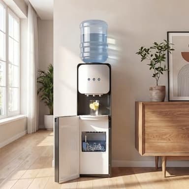 MOMOKOVA 4 in 1 Water Cooler Dispenser with Ice Maker, Hot & Cold Water Dispenser for Home & Office, 33lbs/24H Bullet Ice, Top Loading 3-5 Gallon, Child Safety Lock, Ice Ready in 7 Min (Black -Silver)