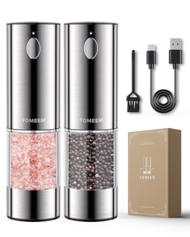 TOMEEM Upgraded Larger Capacity Electric Salt and Pepper Grinder Set Rechargeable with LED lights, Stainless Steel Automatic Pepper and Salt Grinder Refillable with 5 Adjustable Coarseness