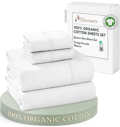 RUVANTI 100% Organic Cotton Sheets Queen Size, Percale Weave, GOTS Certified, 4-Piece Set, Deep Pocket 15", Crisp & Breathable, Soft Durable Bedding, Sábanas Algodón Orgánico – Bright White