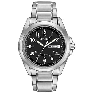 Citizen Men's Eco-Drive Weekender Garrison Field Watch in Stainless Steel, Black Dial, Arabic Markers, Luminous, 43mm (Model: AW0050-82E)