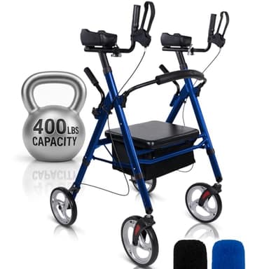 Vive Bariatric Upright Walker with Seat - Heavy Duty Senior Stand Up Rollator, Extra Wide Frame - Padded Armrest & Backrest -Mobility Aid Portable Rolling Walker with Bag - Fits Tall & Large People