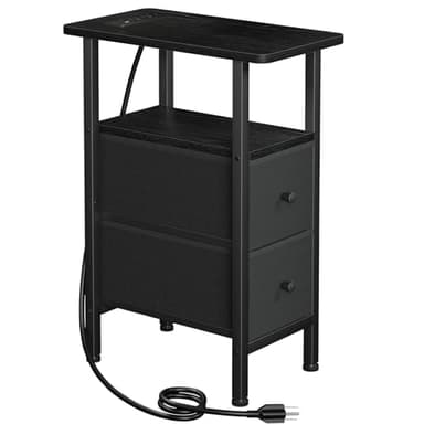LOAKEKEL Narrow End Table Living Room with Charging Station, Skinny Side Table with Fabric Drawers, Slim Nightstand for Bedroom, Small Spaces, Couch, Black, HETNDP02BK-1