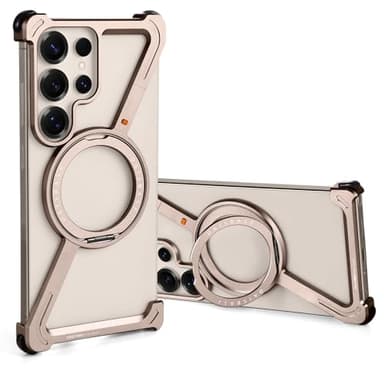 OATSBASF Minimalist Phone Case Compatible with Samsung Galaxy S25 Ultra, 360° Rotation Kickstand Aluminum Metal Frameless Design Bumper Case, Protective Shock Grade Shell, Desert Titanium