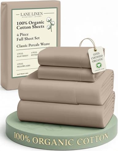 LANE LINEN 100% Organic Cotton Sheets Set, Pure Organic Cotton Long- Staple Percale Weave Ultra Soft Best- Bedding Sheets for Bed, GOTS Certified, Fits Mattress Upto 15in. Deep Pocket (Full, Taupe)