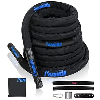 Perantlb 100% Poly Dacron Heavy Battle Rope - 1.5", 30' 40' 50' Lengths - Upgraded Durable Protective Sleeve - Gym Muscle Toning Metabolic Workout Fitness - Anchor Strap Kit Included (1.5" x 30 ft)