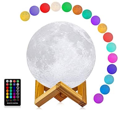 LOGROTATE Moon Lamp, 3D Printing 16 Colors LED Night Light, Moon Light with Stand and Time Setting & Remote & Touch Control, Lunar Lights for Birthday Kids Gifts Lovers Gifts (7 inch)