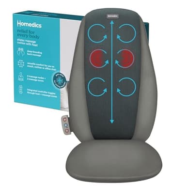 Homedics Shiatsu Massage Cushion with Heat, Pain Relief for Back Muscle Tension, Deep-Kneading Therapy Works Out Knots & Stiffness, 3 Massage Zones, Fits Most Chairs, for Home or Office