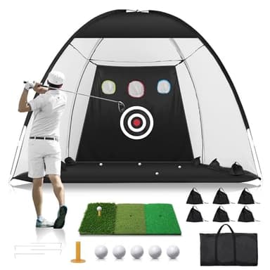 Golf Net: 10x7FT Practice for Backyard Driving, Hitting with Tri-Turf Golf Mat, Indoor Training Chipping Aid Nets with Reduce Noise Nylon Target, Present for Him