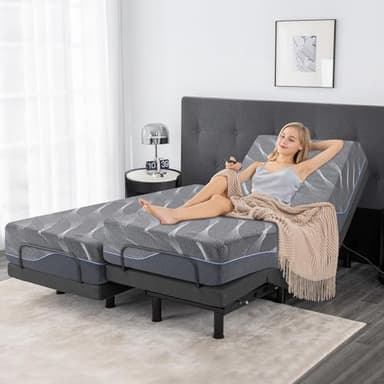 Adjustable Bed Frame Split King, Bed Base with 12 Inch Grey Gel Memory Foam Medium-Firm Mattress in Box, Adjustable Bed with Adjustable leg height, Easy Assembly Smart Electric Hospital Bed furniture