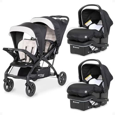 Baby Trend Sit N Stand Double Stroller & 2-Pack EZ Lift Plus Infant Car Seat, Modern Khaki - Convertible Tandem Travel System Combo for Newborn and Toddler, Foldable and Compact Design